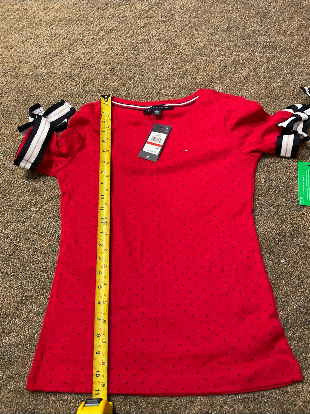 Tommy Hilfiger Red Top Navy Polka Dots and Striped Tie Sleeves NWT sz XS